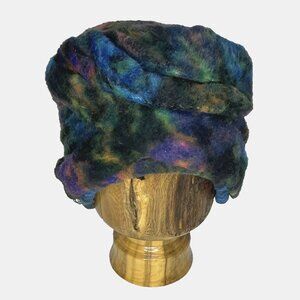 Vintage Frank M Benson 50s Multi color Blues Fuzzy Cap Hat Cloche Turban 20.5"